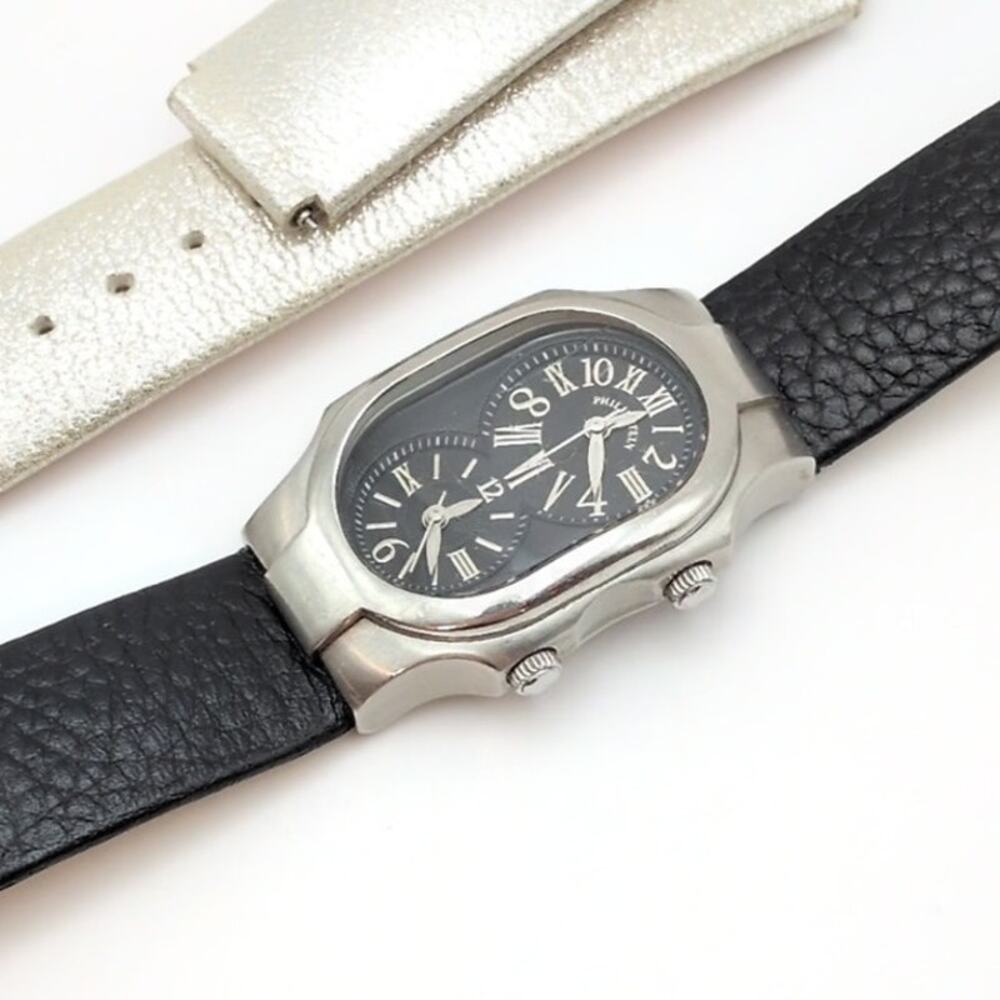 Philip Stein Women's Wrist Watch Black Silver Dual Dial 1-MB-CPB Working - *READ